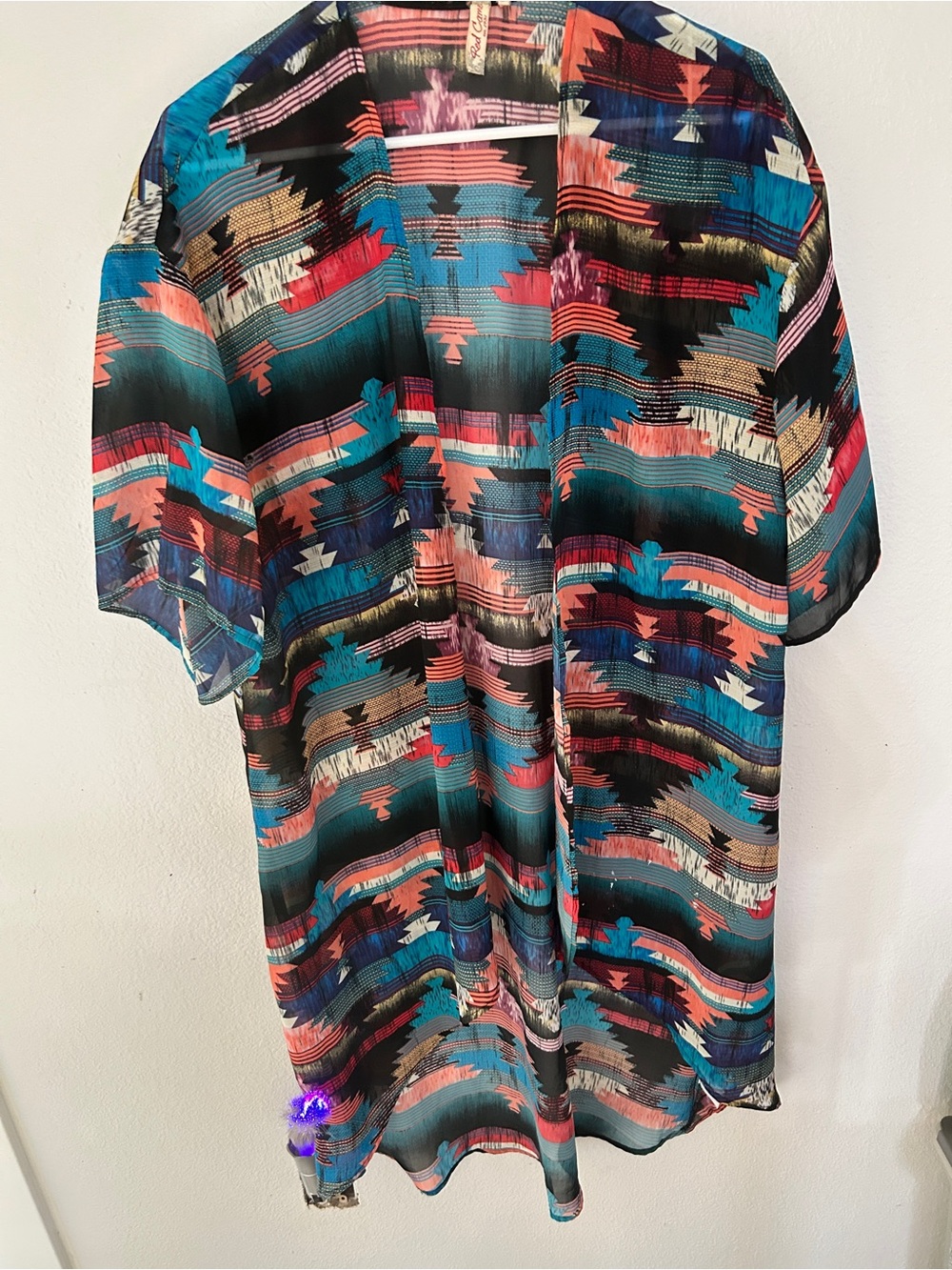 Red Canyon Semi SHEER Aztec Kimono Cardigan Cover-Up Boho Southwest Small